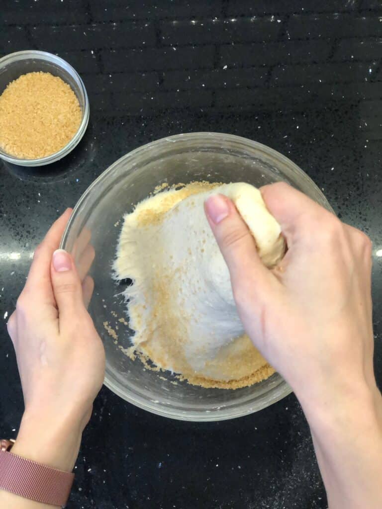 Add sugar into the bowl with dough and knead a little bit
Sourdough Cinnamon Rolls 